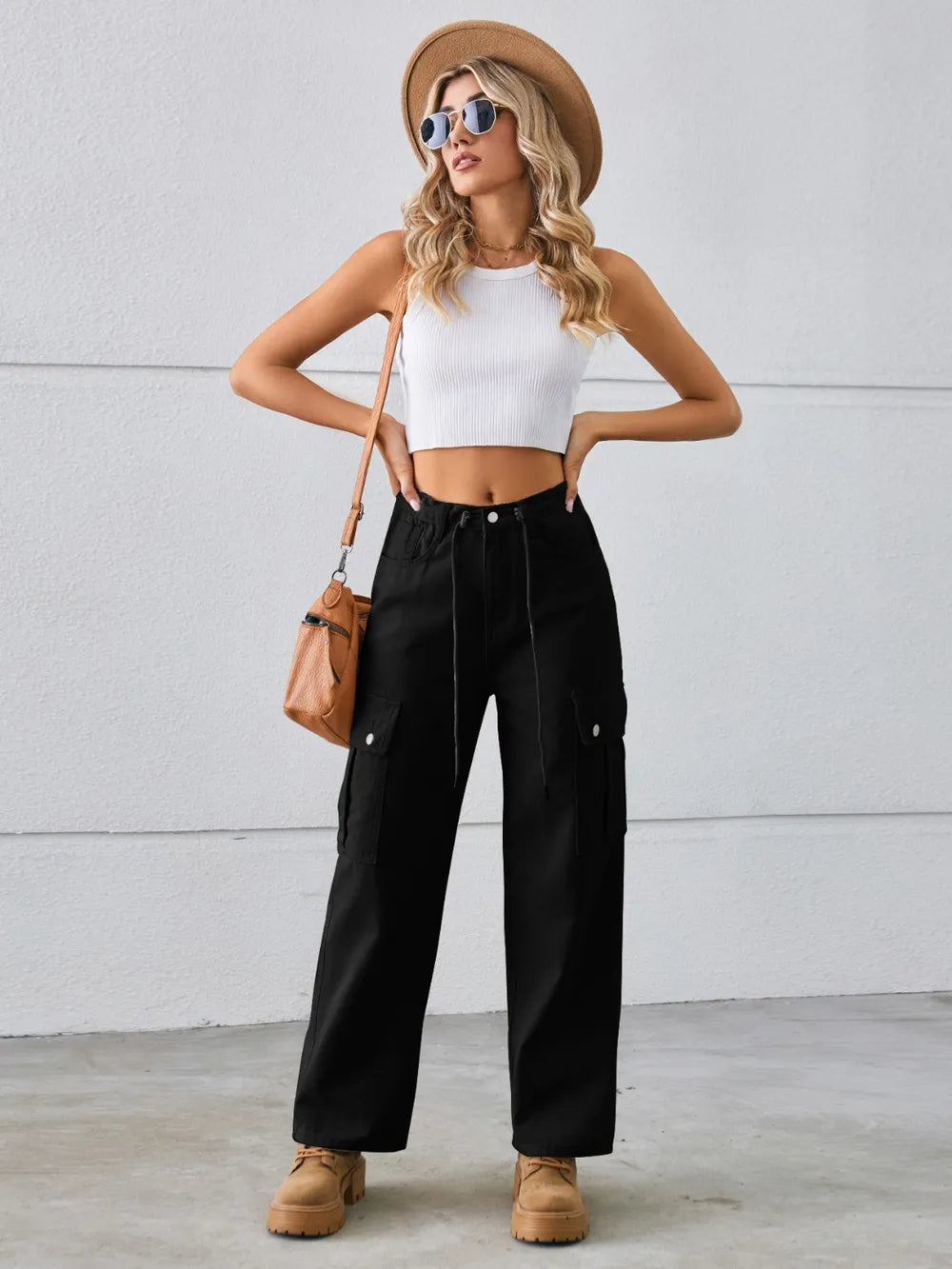 Drawstring Mid-rise Waist Straight Cargo Jeans (5)