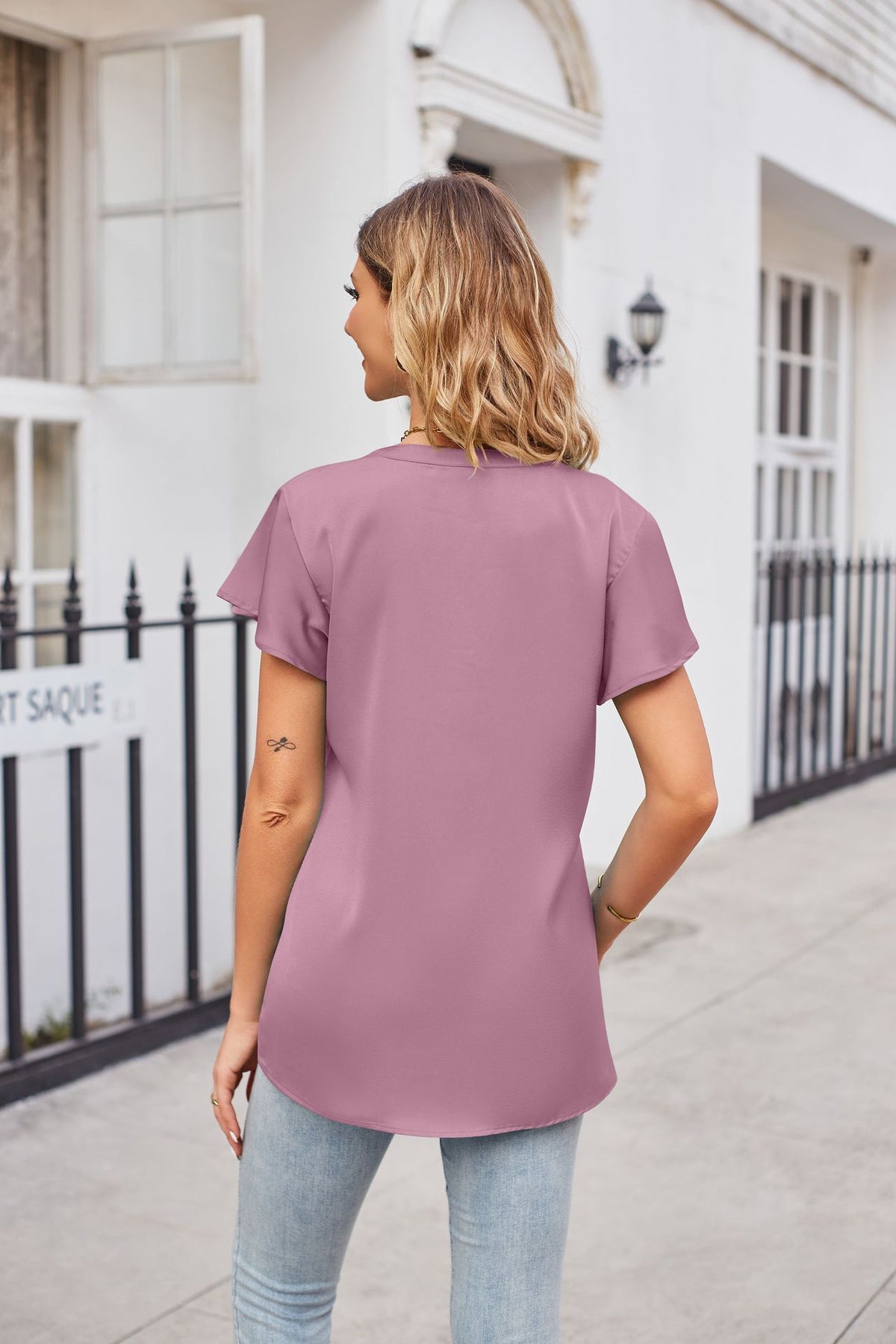 Notched Neck Flutter Sleeve Satin Top (22)
