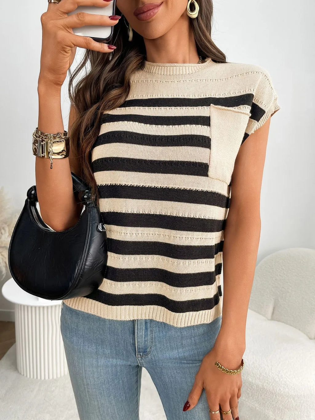 Striped Mock Neck Cap Sleeve Knit Top (18)