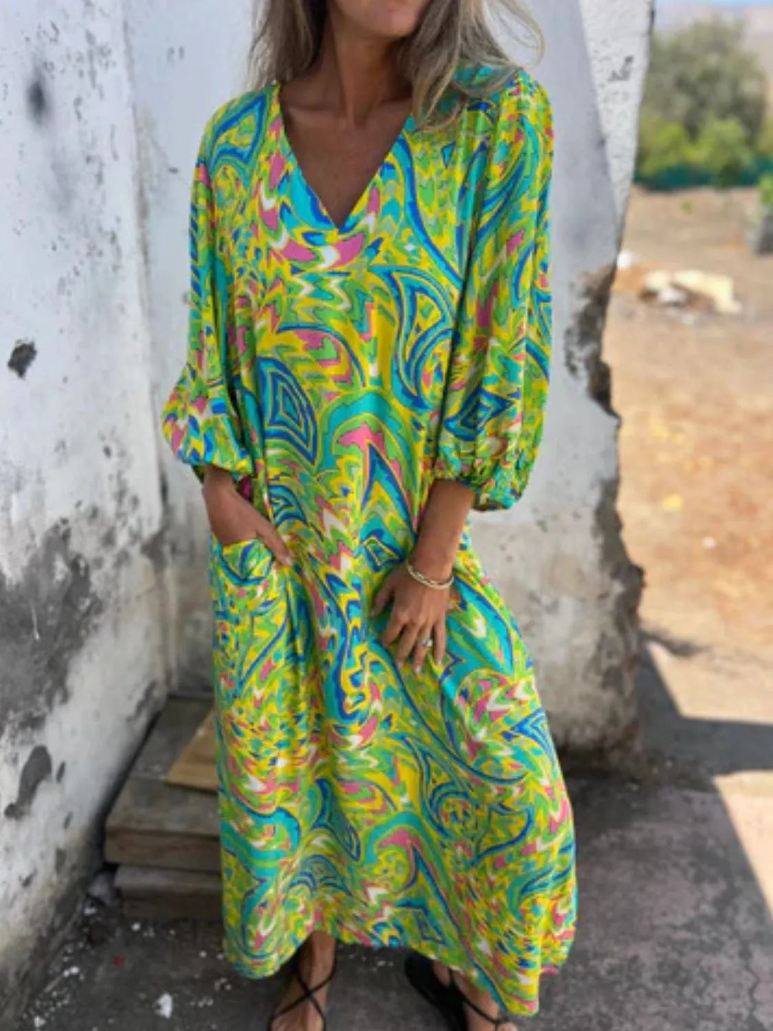 Full Size Printed V-neck Dress Pockets Plus (9)