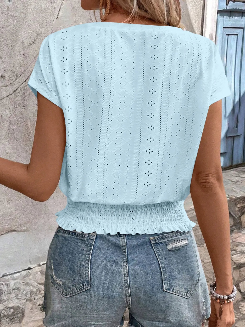 Eyelet V-neck Short Sleeve Blouse (2)