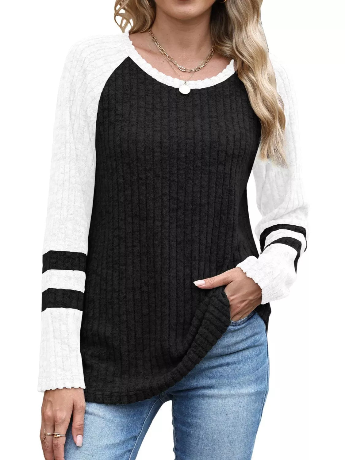 Ribbed Knit Raglan Long Sleeve T-shirt (5)