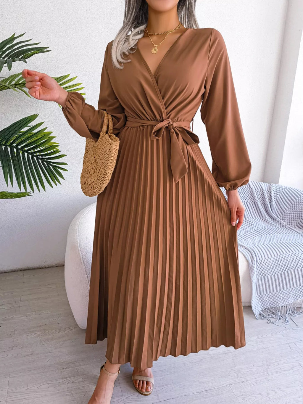 Elegant Pleated Front Tie Long Sleeve Dress (11)