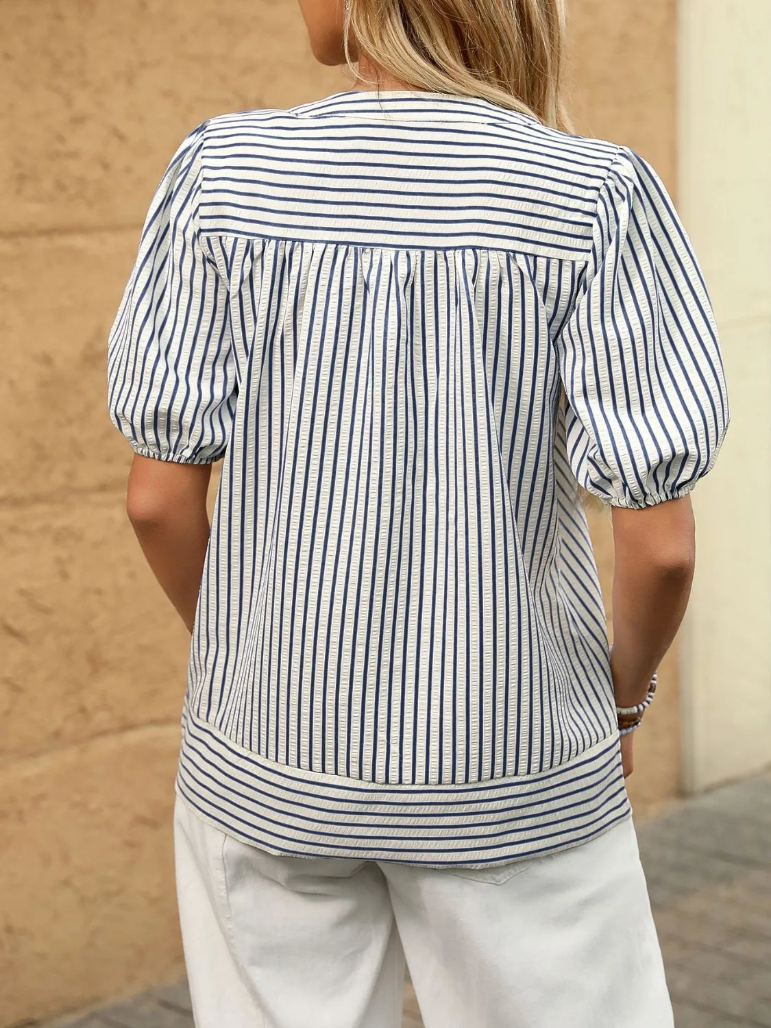 Striped Notched Puff Sleeve Blouse (7)