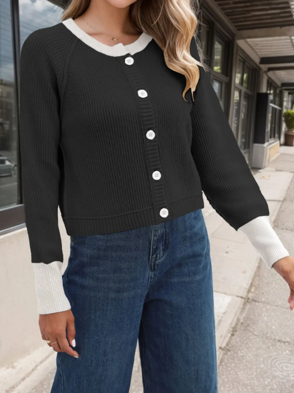Contrast Button Up Long Sleeve Cardigan (12)