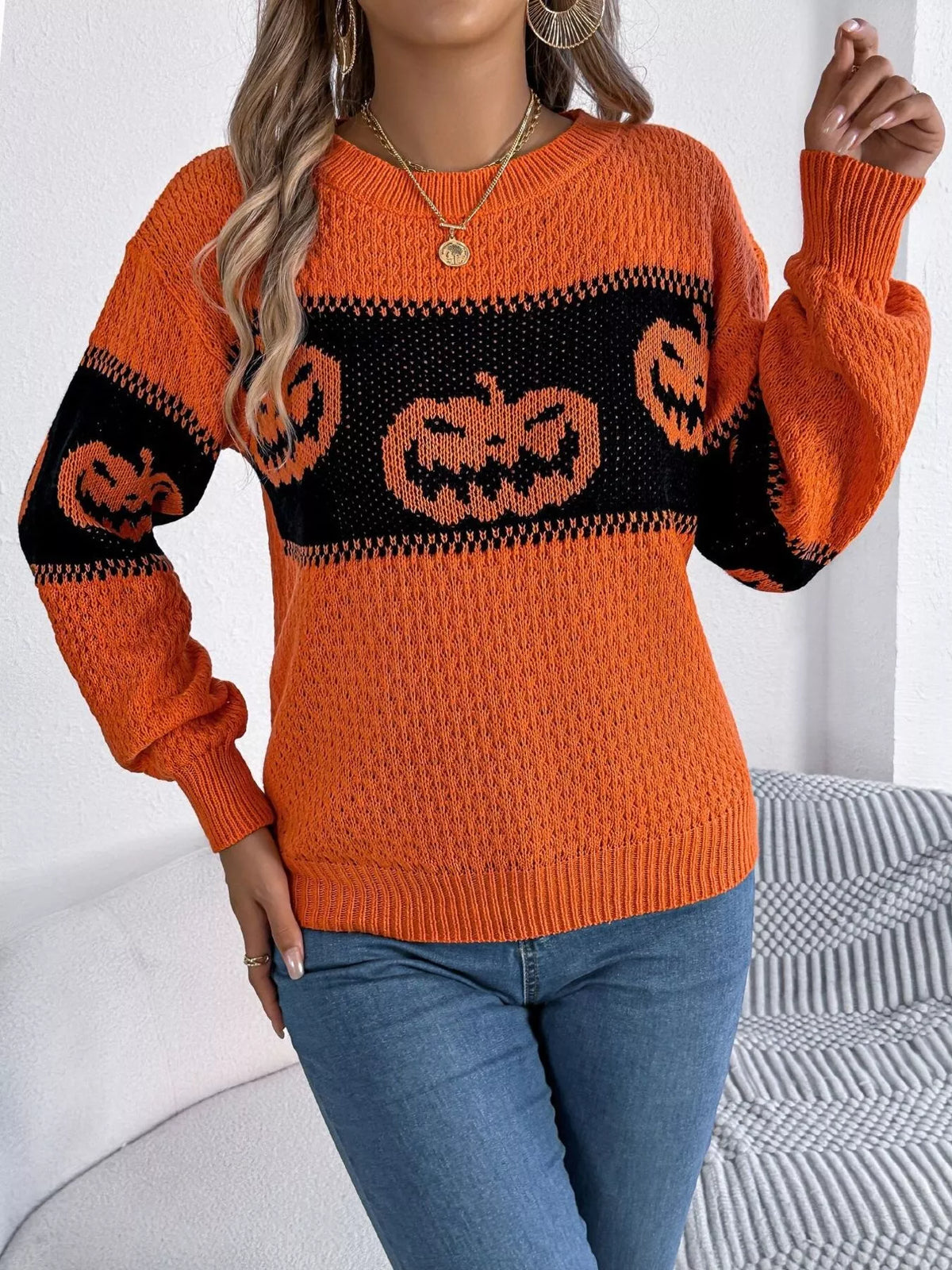 Halloween Pumpkin Pattern Round Neck Sweater (5)