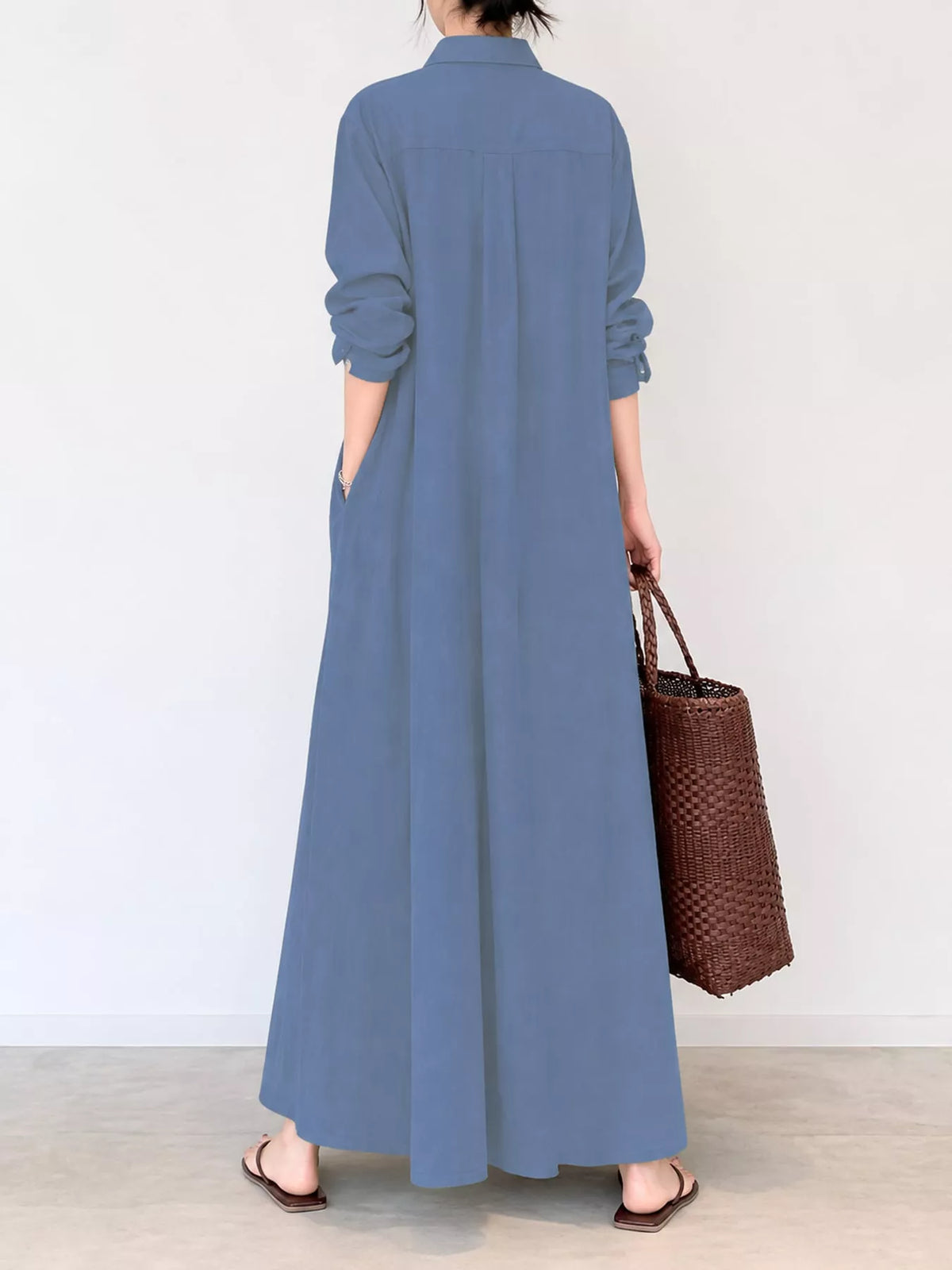 Full Size Button Front Long Sleeve Maxi Shirt Dress Plus (36)