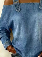 Full Size Buckle Strap Long Sleeve Denim Top Plus (6)