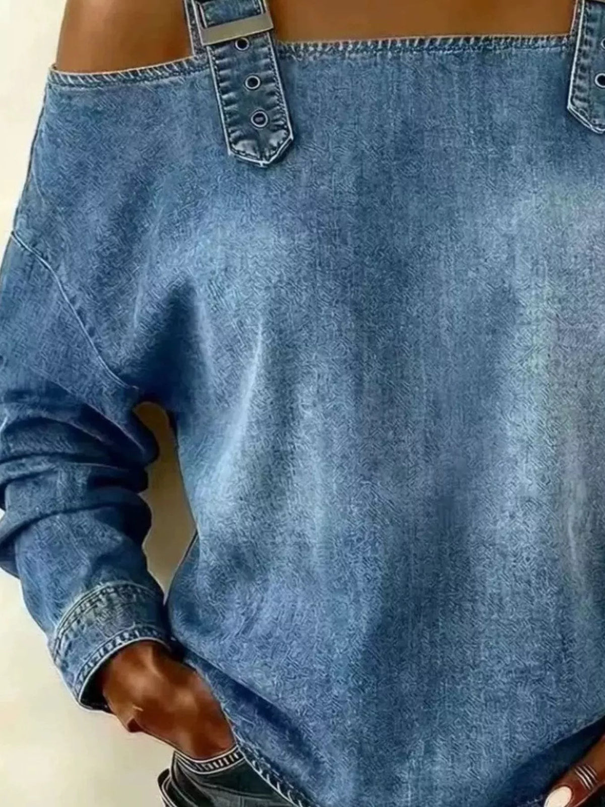 Full Size Buckle Strap Long Sleeve Denim Top Plus (6)