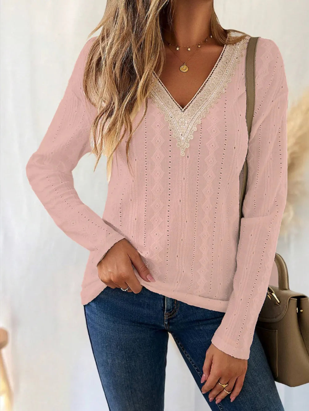 Eyelet V-neck Dropped Shoulder T-shirt (6)