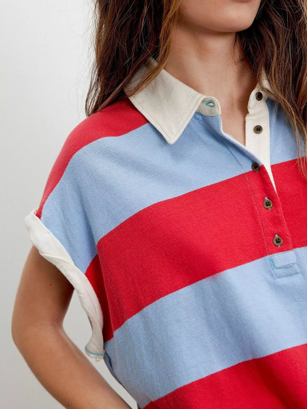 Half Button Striped Short Sleeve Cropped Polo Shirt (4)
