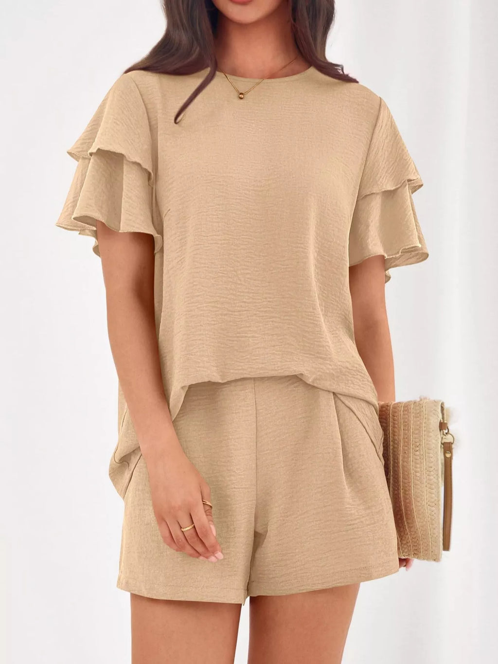 Ruffle Sleeve Top Shorts Two-piece Set (4)