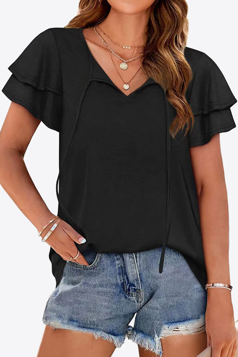 Tie-neck Layered Flutter Sleeve Blouse (4)