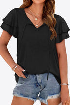 Tie-neck Layered Flutter Sleeve Blouse (4)