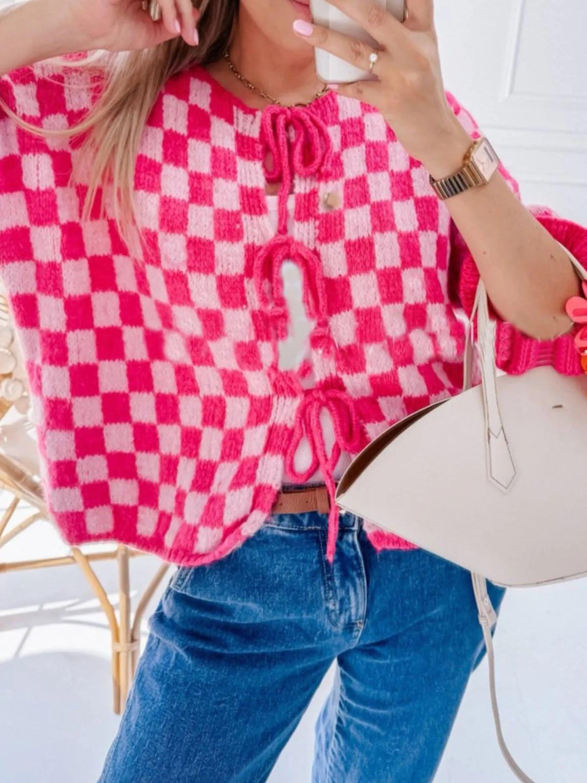 Checkered Tie-front Knit Cardigan (3)