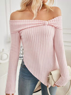 Off-shoulder Ribbed Knit T-shirt (8)