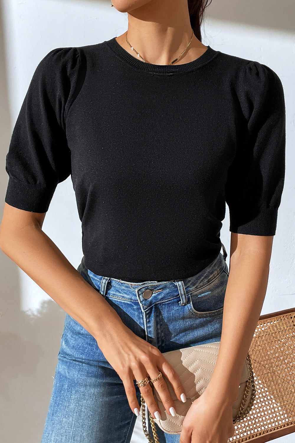 Round Neck Puff Sleeve Knit Top (9)