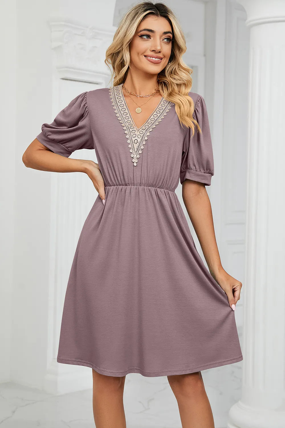V-neck Puff Sleeve Dress (26)