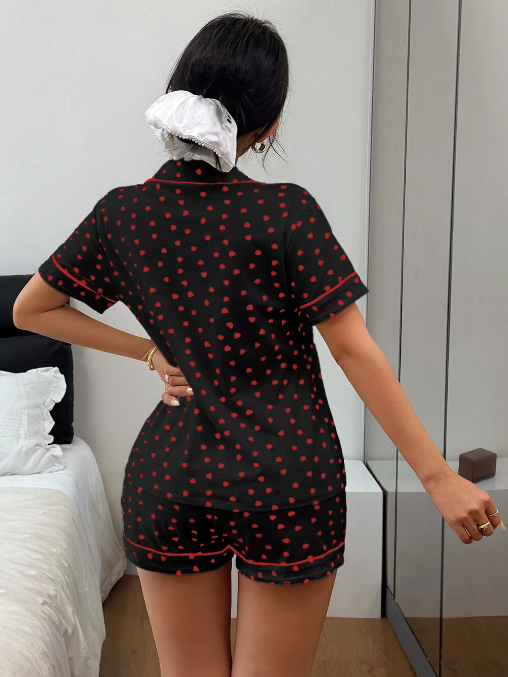 Heart Print Button-down Short Sleeve Top Shorts Lounge Set (9)