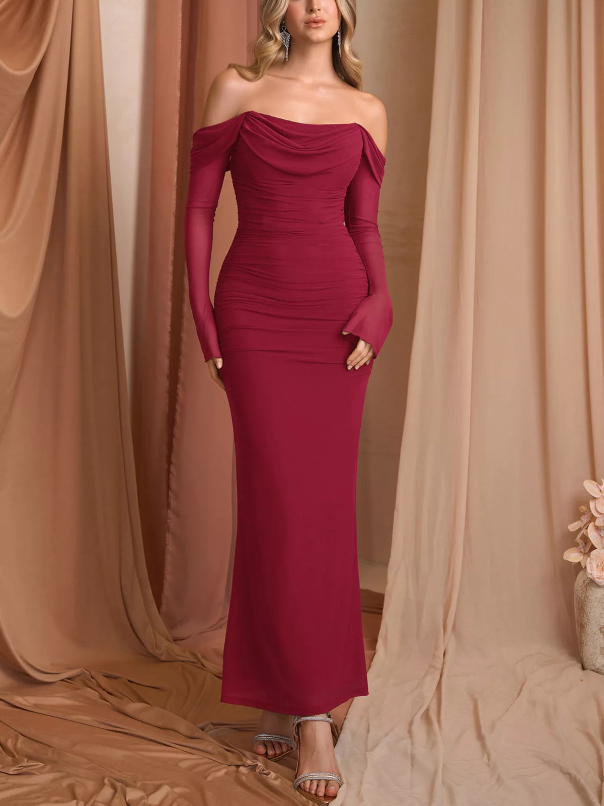 Off-shoulder Ruched Mermaid Maxi Dress (20)