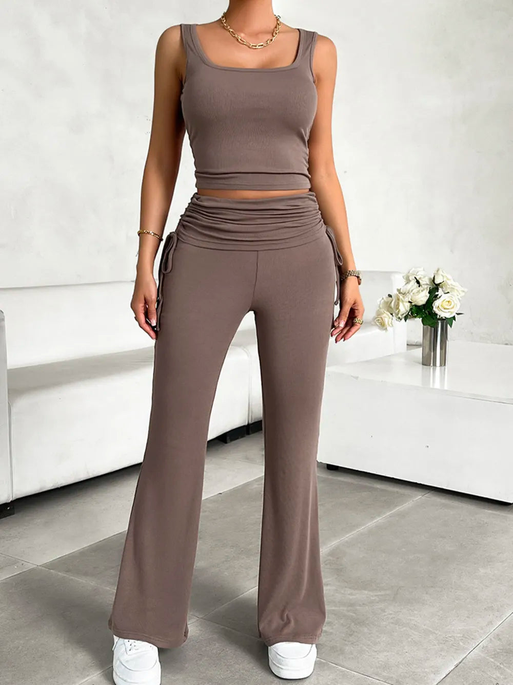 Square Neck Tank Drawstring Pants Set (10)