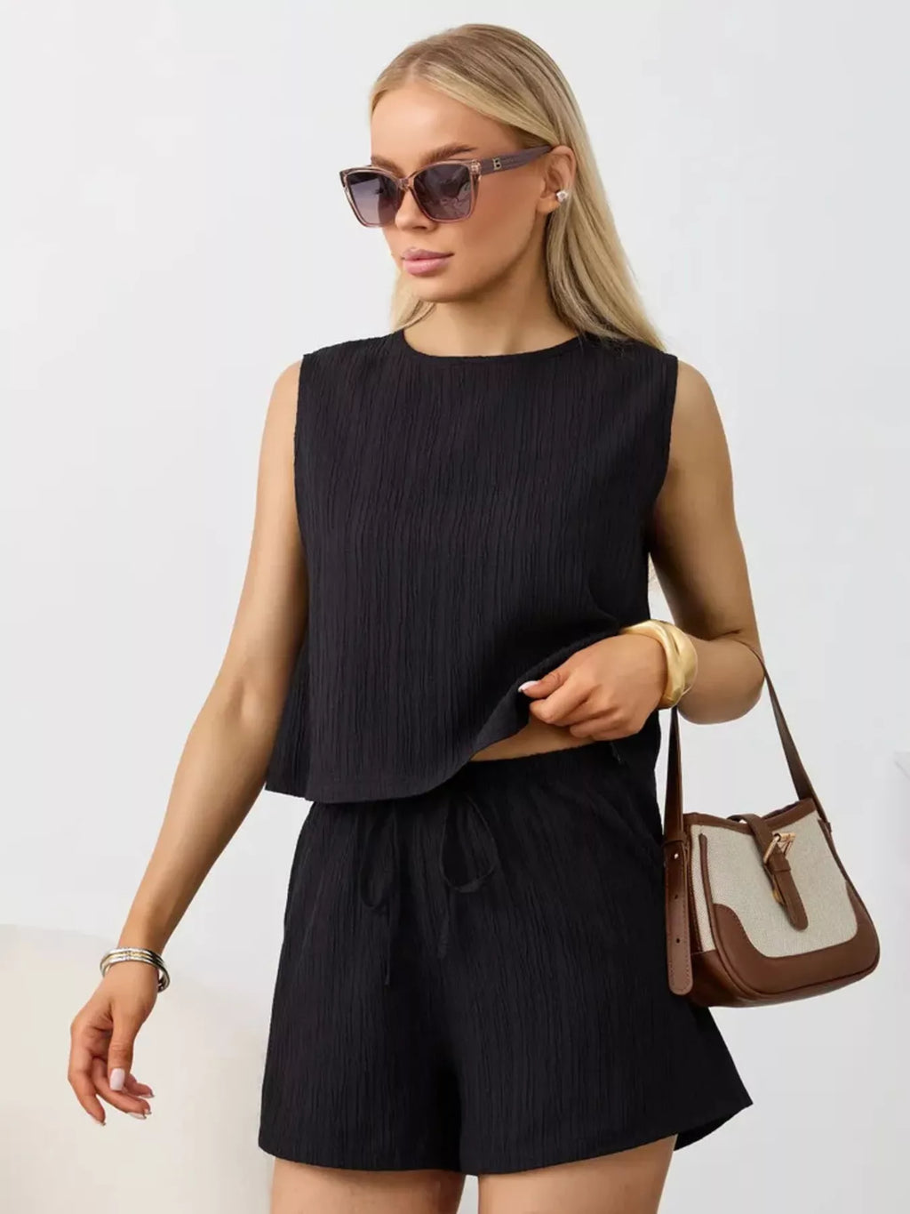 Textured Round Neck Tank Shorts Set (13)