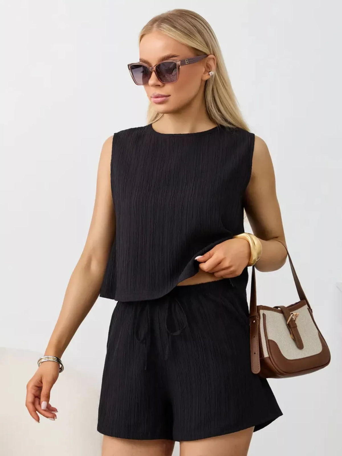 Textured Round Neck Tank Shorts Set (13)