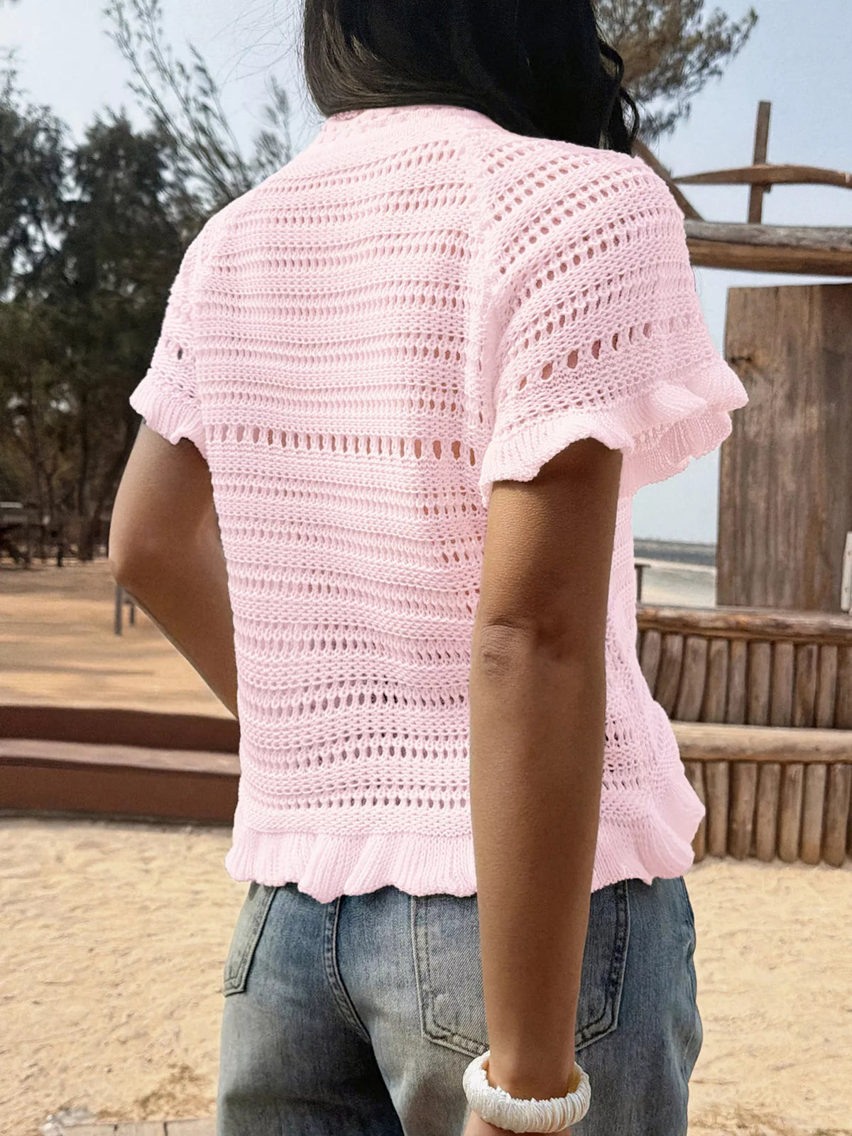 Openwork Ruffled Hem Knit Top (9)