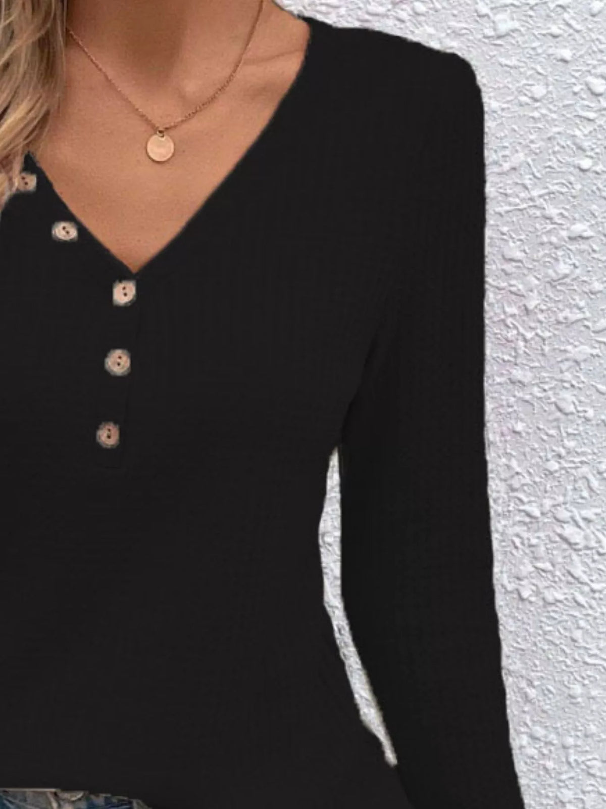 Waffle Knit Button-detail V-neck T-shirt (9)