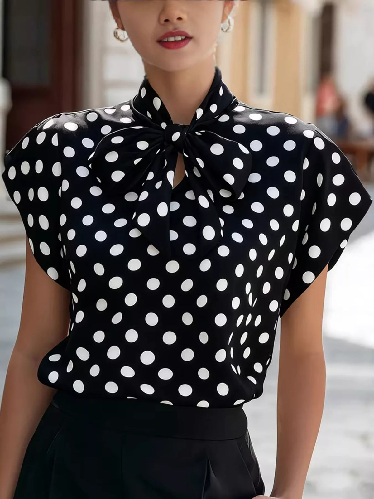 Polka Dot Tie Neck Blouse (7)