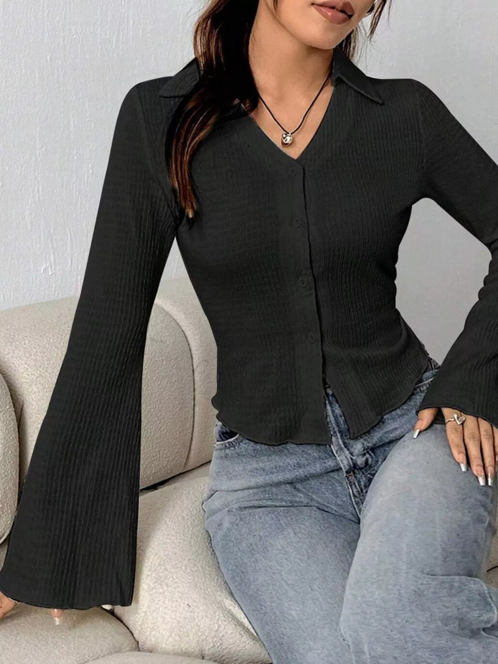 Button Up Flare Sleeve Shirt (17)