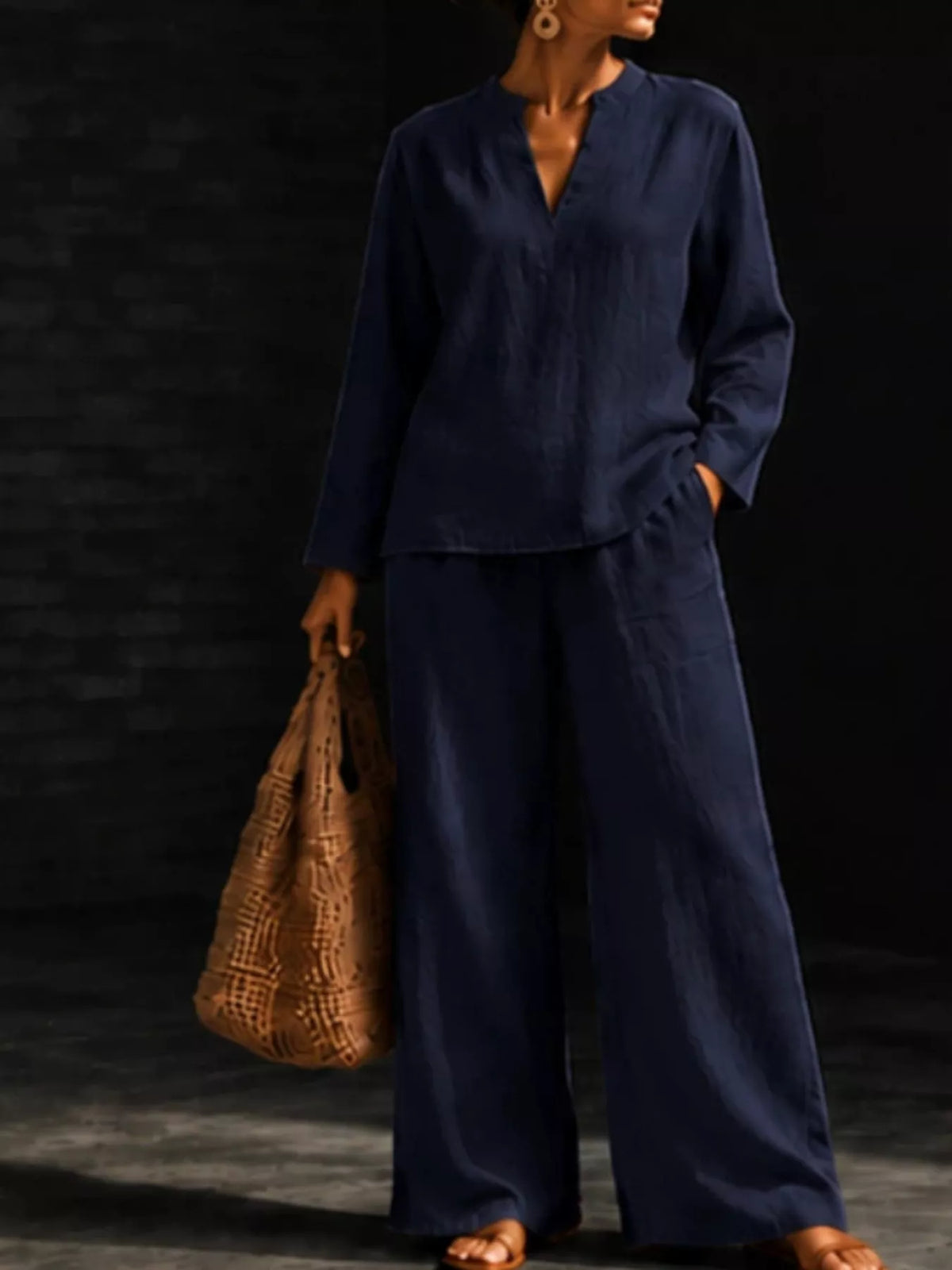 Notched Long Sleeve Top Pants Set (22)