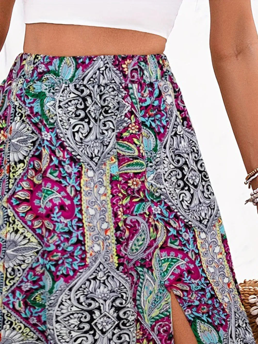 Slit Printed Elastic Waist Skirt (6)
