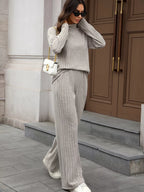 Ribbed Turtleneck Dropped Shoulder Top Pants Sweater Set (4)