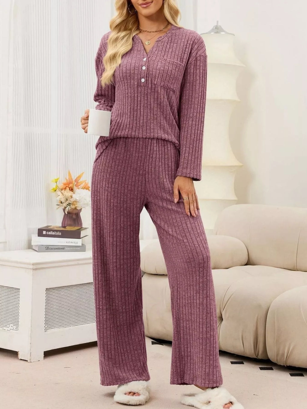 Ribbed Knit Top Wide-leg Pants Set (21)