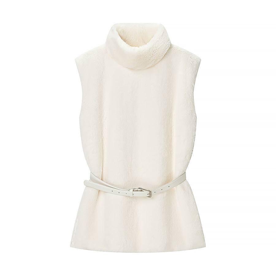 Casual Minimalist Waist Belt High Neck Fur Vest variant CJJK273509501AZ|CJJK273509502BY|CJJK273509503CX