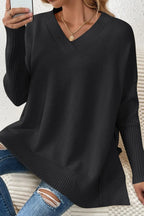 Slit V-neck Dropped Shoulder Sweater (3)