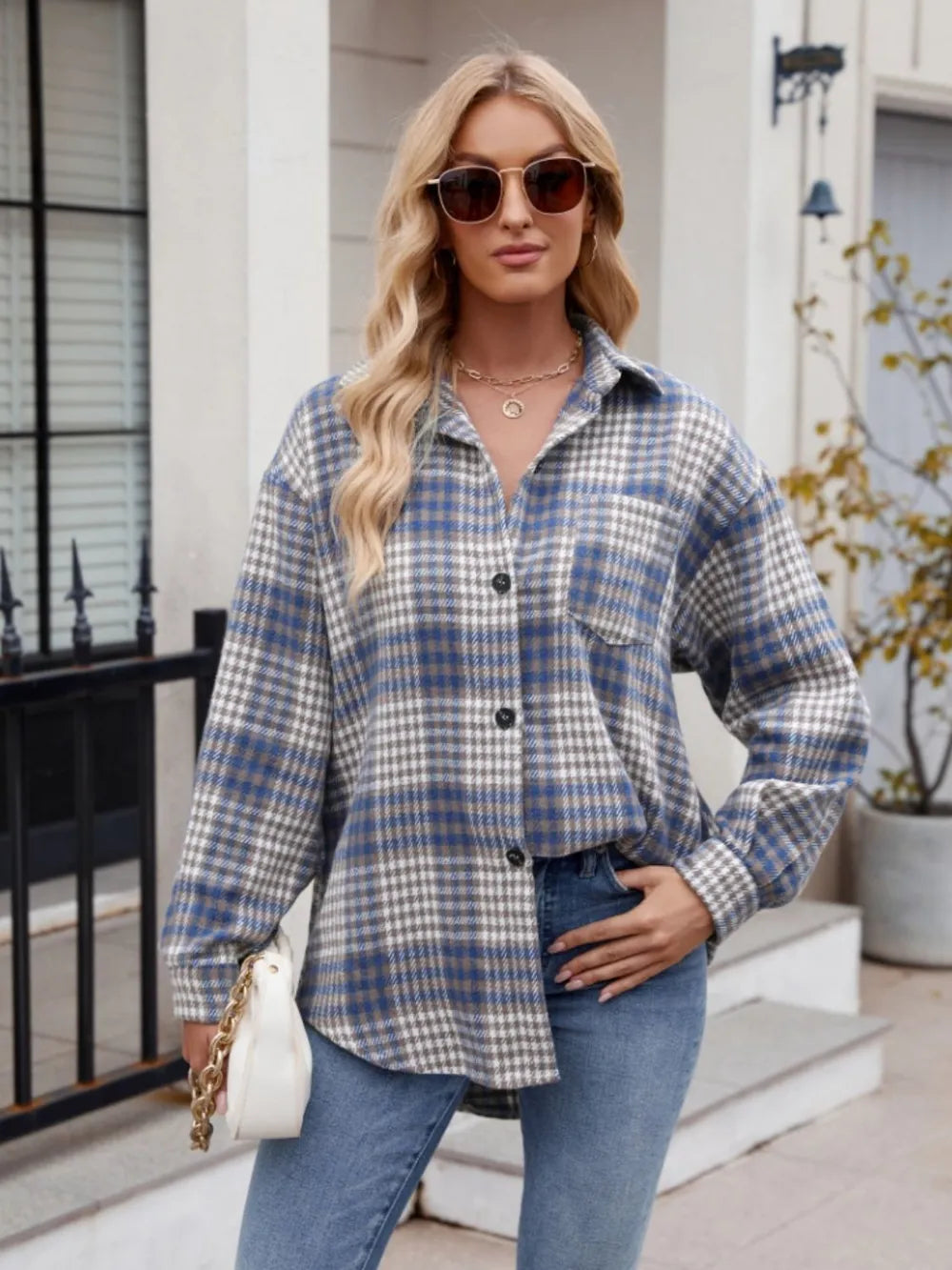 Pocketed Plaid Collared Neck Long Sleeve Shirt (12)