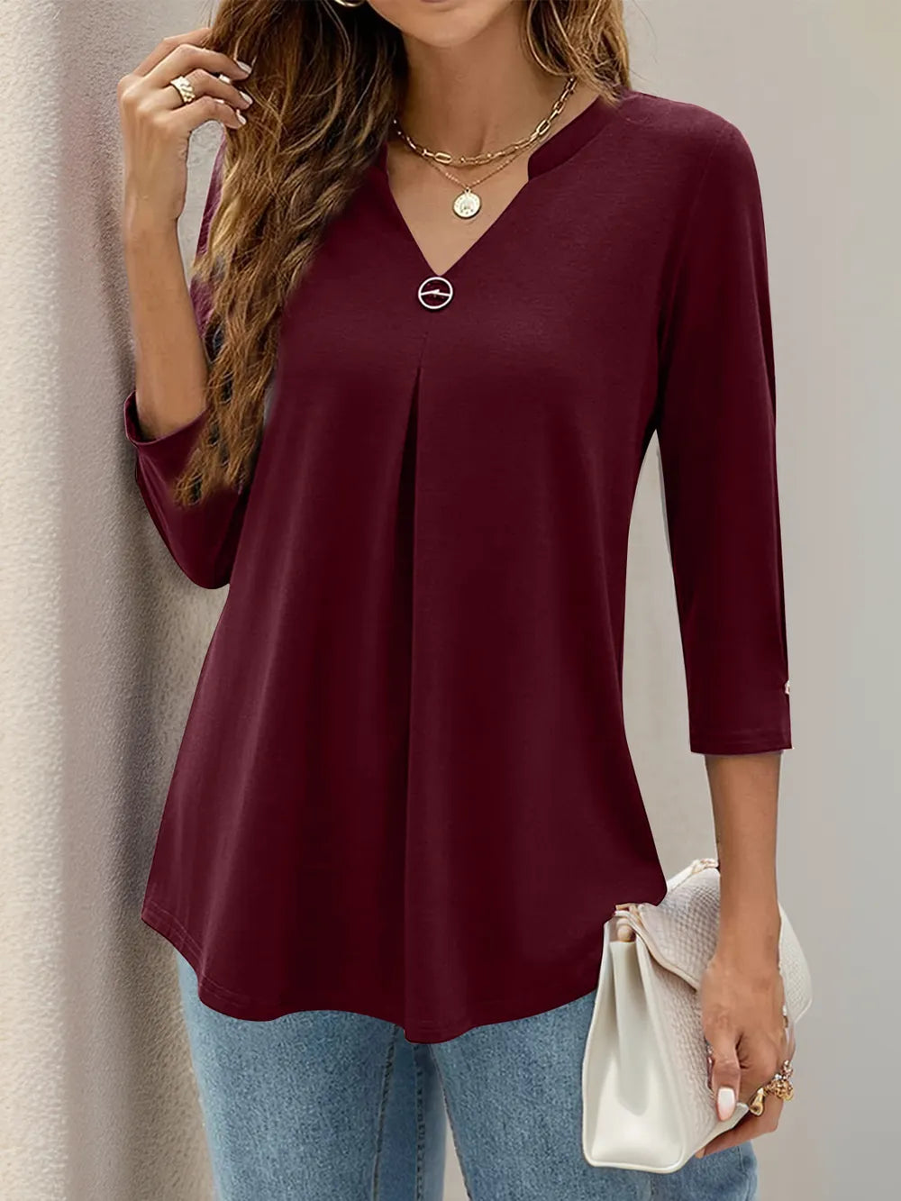 Notched Three-quarter Sleeve T-shirt (17)