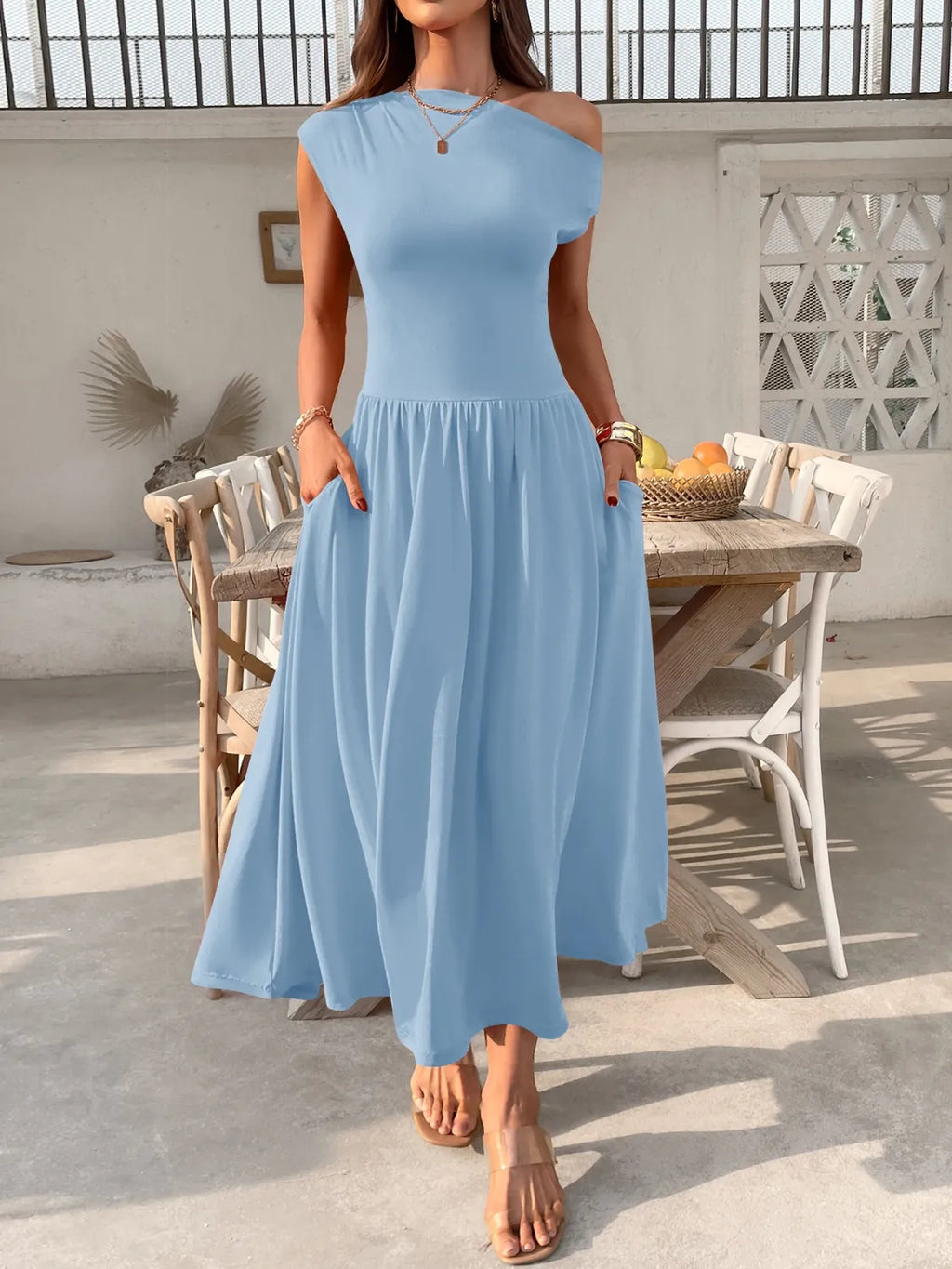 Single Shoulder Midi Dress Pockets (8)
