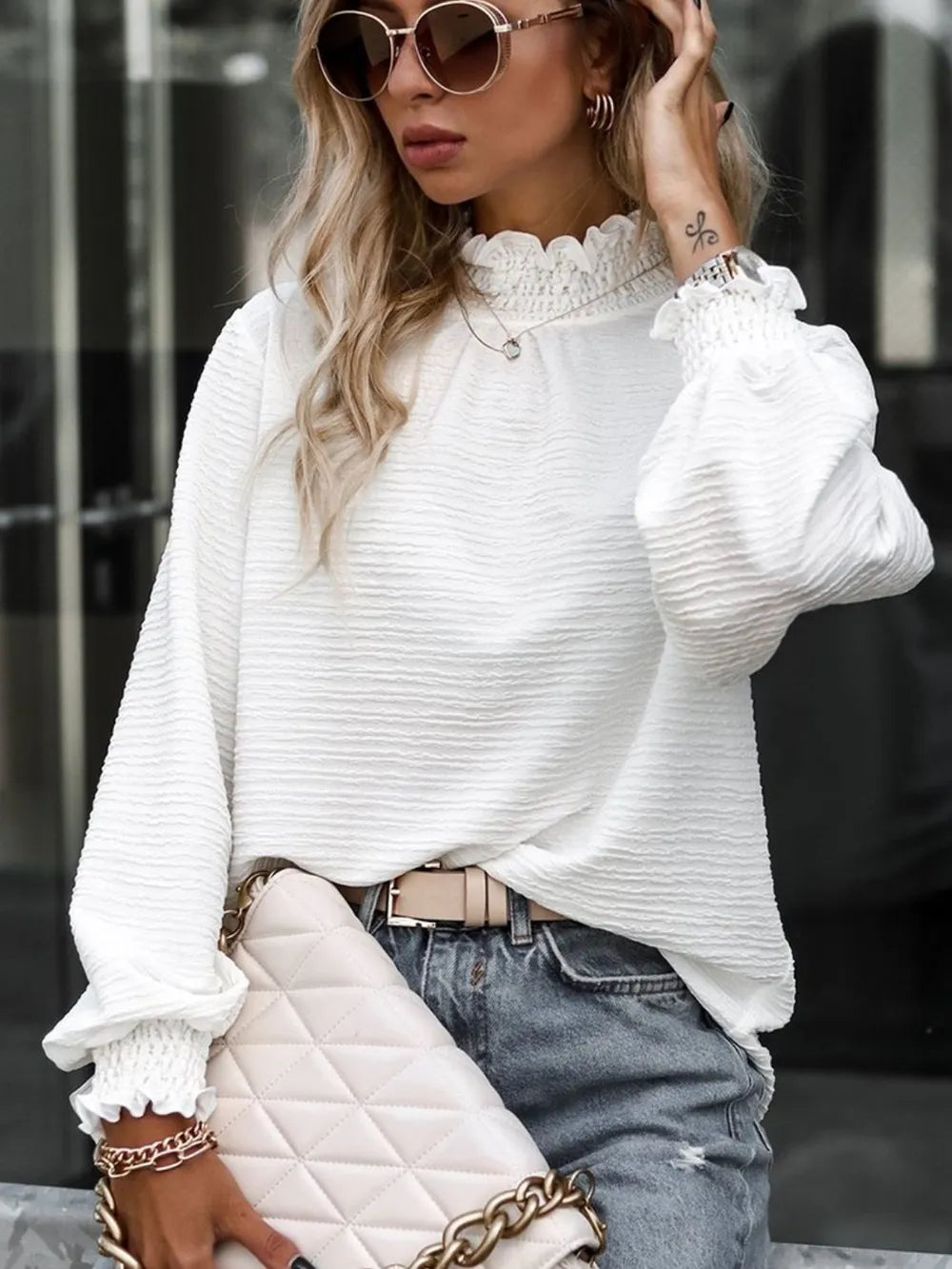 Smocked Frill Mock Neck Long Sleeve Blouse (3)