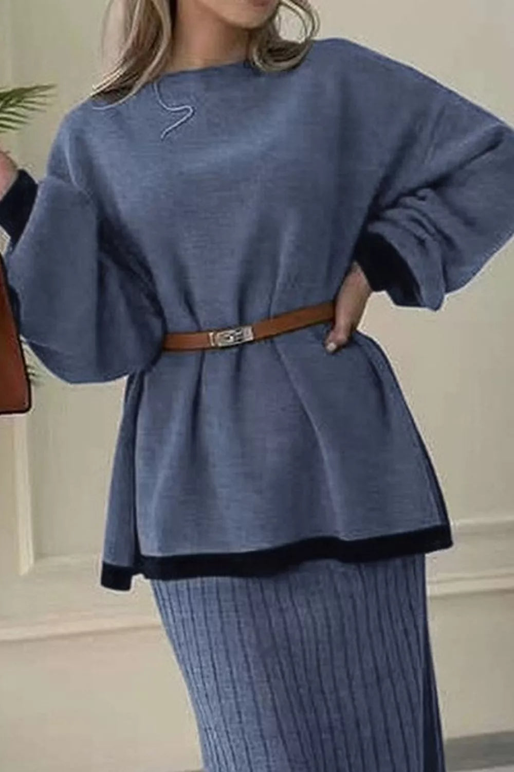 Contrast Trim Ribbed Knit Sweater Skirt Set (6)