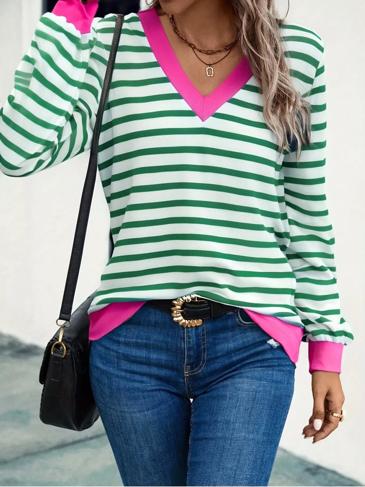 Striped V-neck Long Sleeve T-shirt