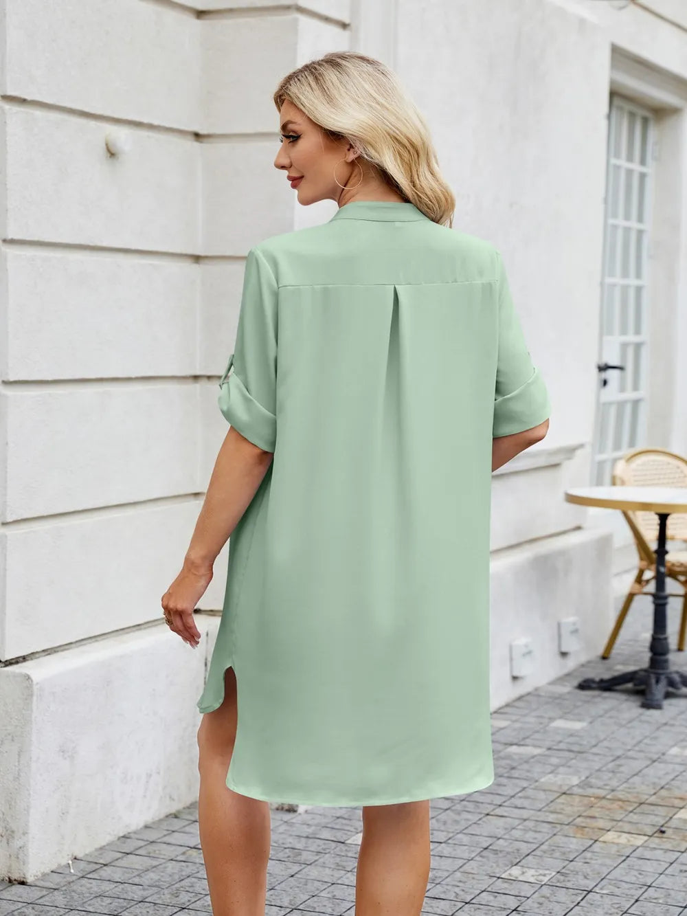 Notched Long Sleeve Mini Shirt Dress (14)