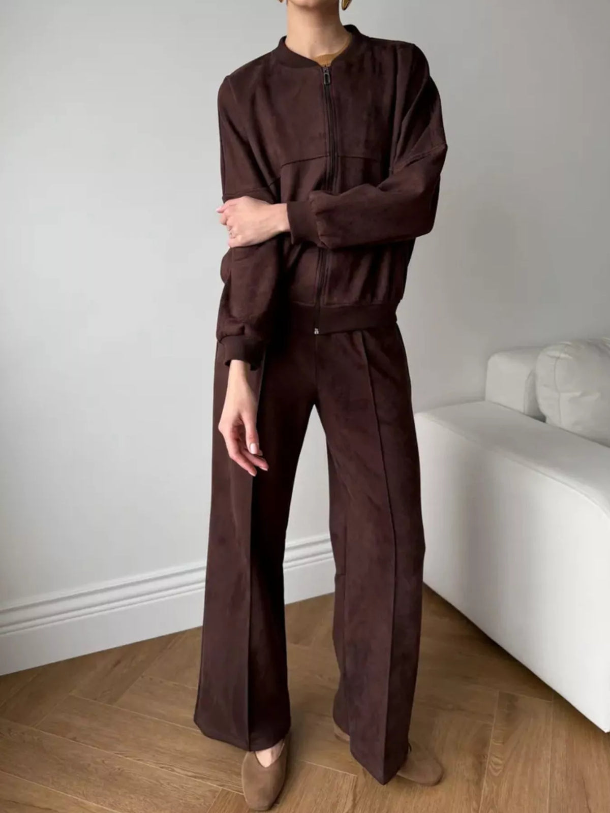 Zip Up Sweatshirt Wide-leg Pants Set (9)