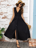 Full Size Slit V-neck Sleeveless Midi Dress