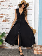 Full Size Slit V-neck Sleeveless Midi Dress