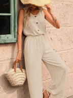 Sleeveless Button-front Wide Leg Jumpsuit (9)