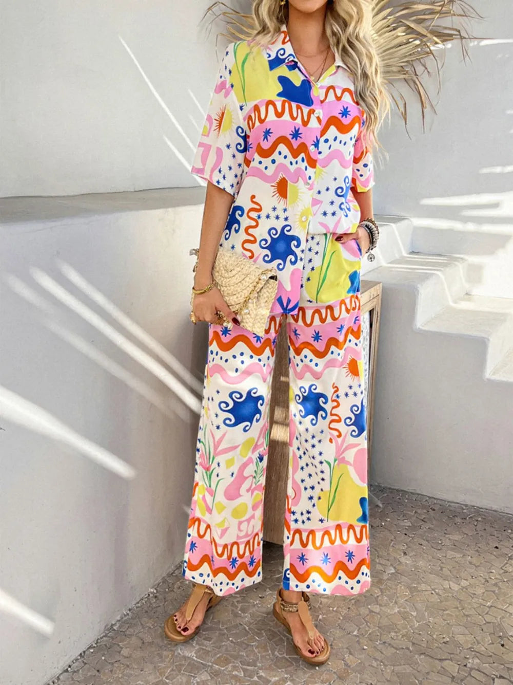 Printed Button Down Shirt Pants Set (4)