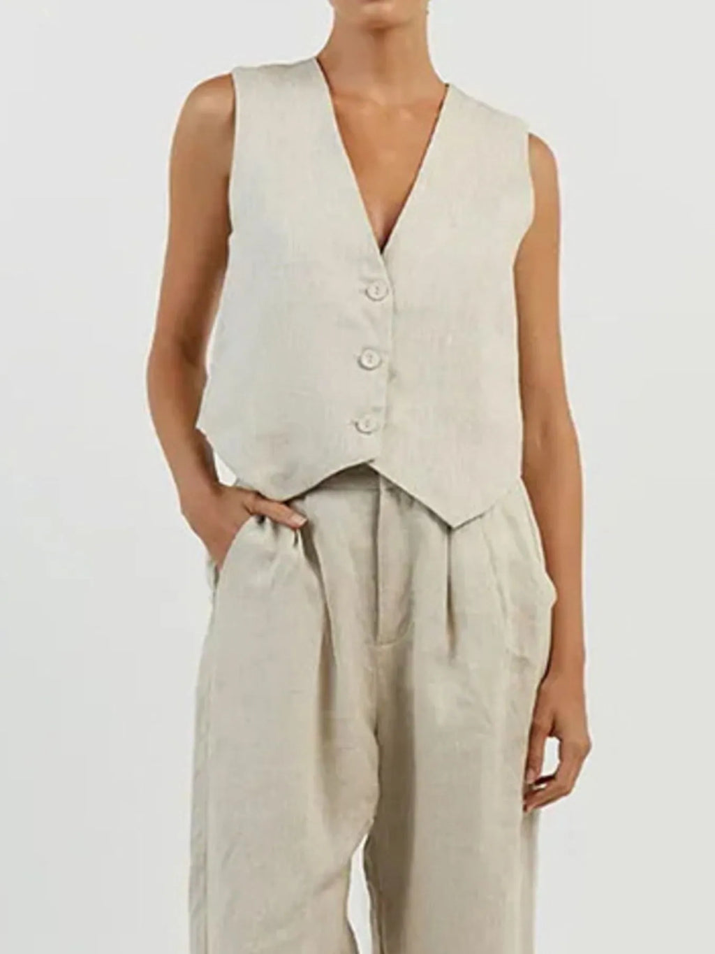 Full Size V-neck Vest Wide Leg Pants Set Plus (2)